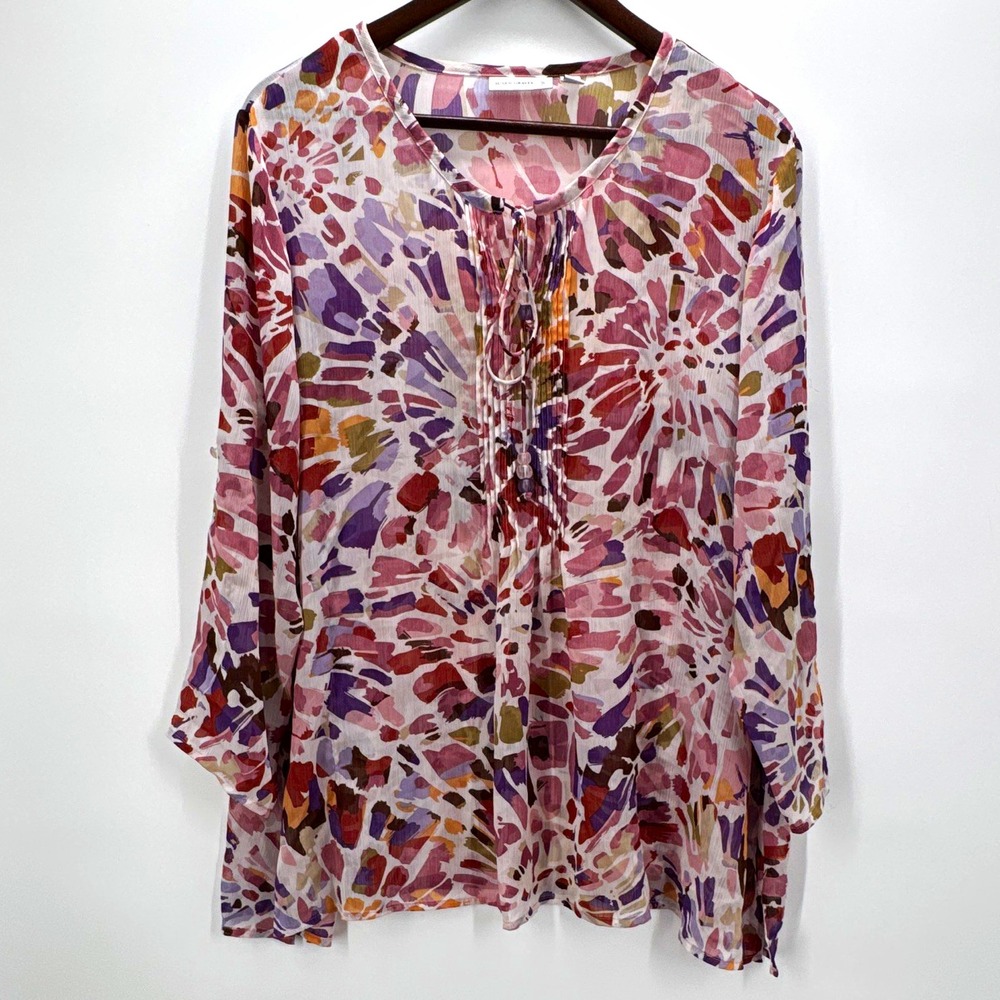Susan Graver Womens XL Multicolor Abstract Sheer Chiffon V-Neck 3/4 Blouse